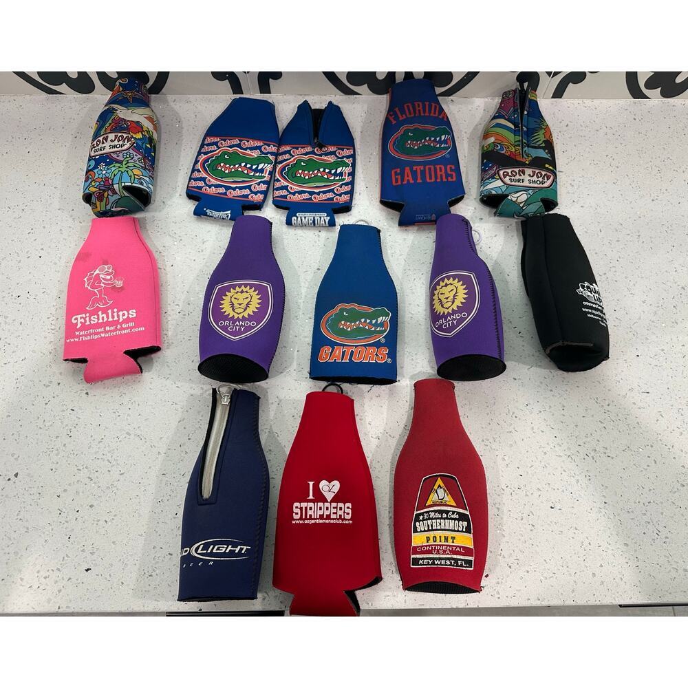 Lot of 13 Miscellaneous Print  Zip - Up Bottle Koozie